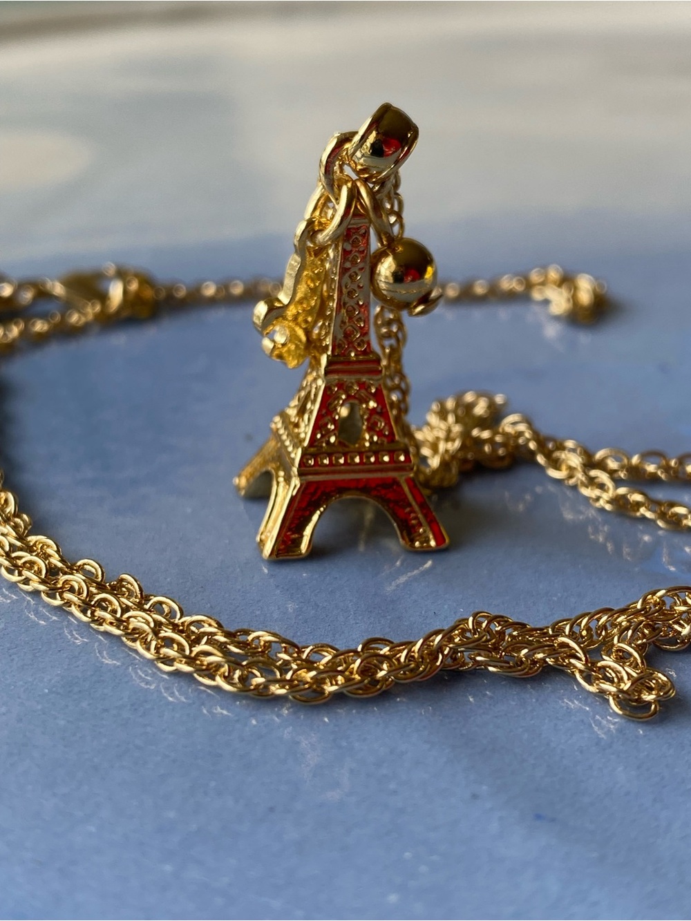 Charming Talbots Gold Tone Chain with  Eiffel Tower and Fleur de Lis Pendant